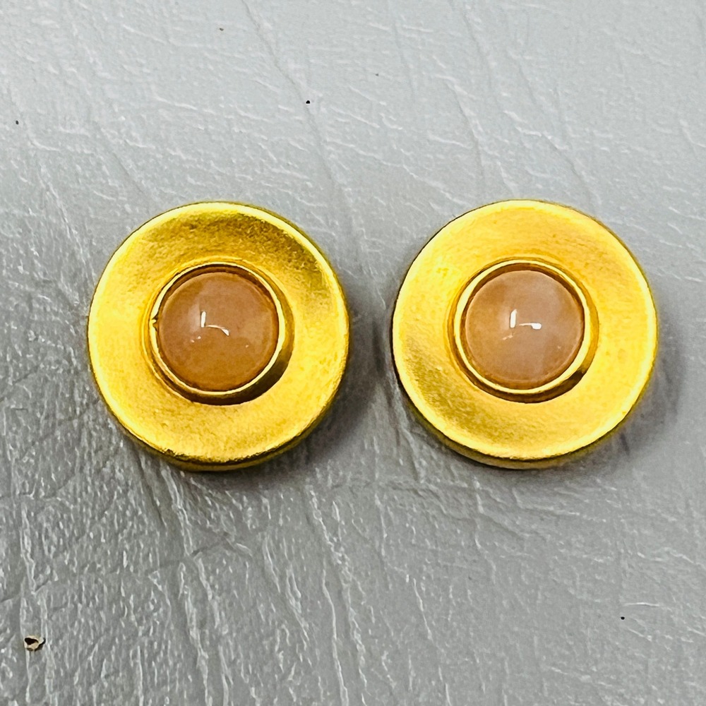 Vintage Xeja Clip On Earrings Gold‎ Tone Pink Cabochon Round Classic Statement